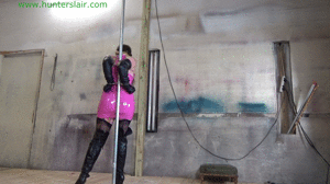 www.jimhunterslair.com - Cuffed to a pole with her tortured tits cuffed, clamped & stretched in chains thumbnail