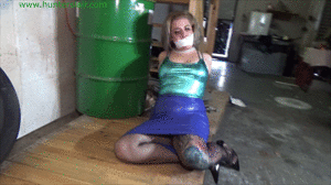 www.jimhunterslair.com - Sexy blonde secratary left helplessly hogtied in the warehouse thumbnail