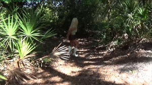 www.jimhunterslair.com - Busty handcuffed blonde runs from her bounty hunters deep in the woods thumbnail